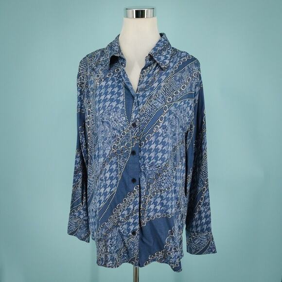 Chico's 3 Size XL Chain Link Houndstooth Collared Button Long Sleeve Modal Top - Picture 1 of 6